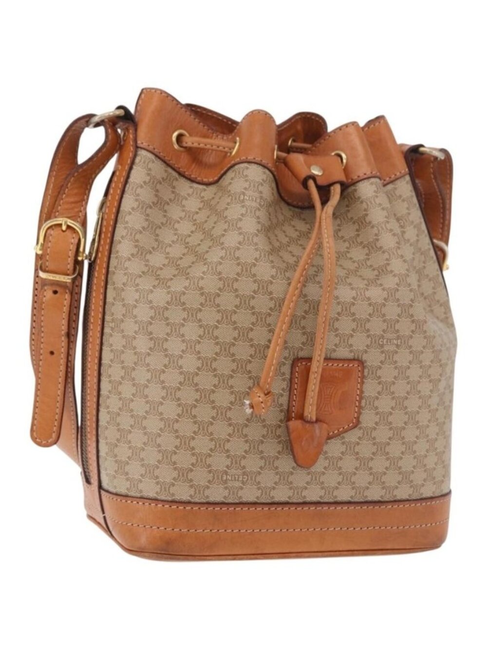 Authentic CELINE Macadam Canvas Shoulder Bag PVC Beige Gold